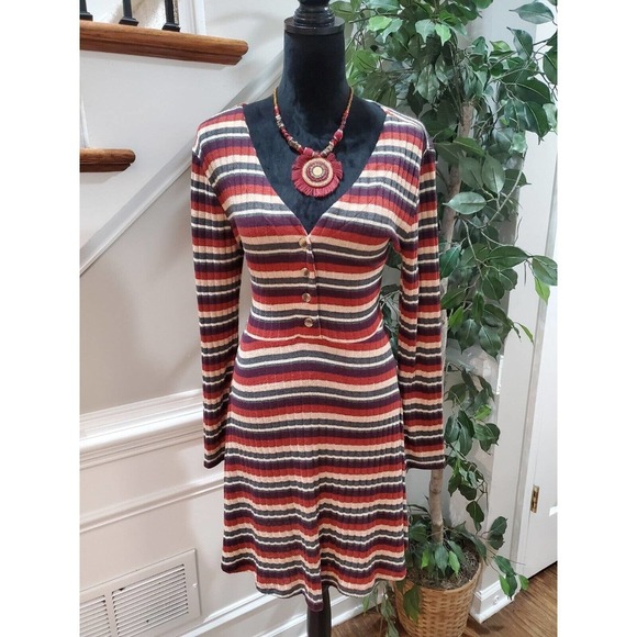 Alya Dresses & Skirts - Alya Womens Multi Striped Polyester V Neck Long Sleeve Knee Length Dress Large